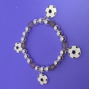 ⚽⚽Soccer Ball Bead Stretch Bracelet Black/White & Sterling Beads 4 Charms NWT